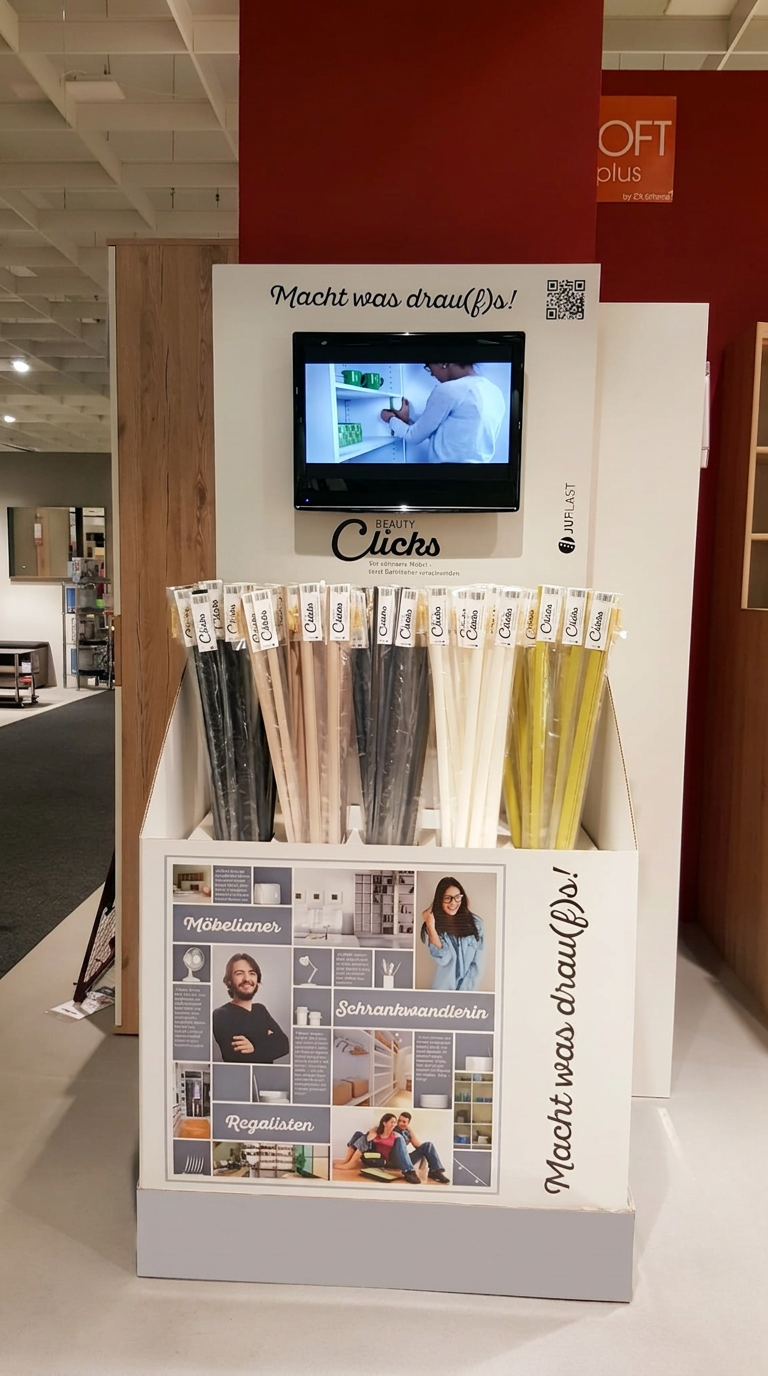 Beauty Clicks POS-Display im Möbelhandel mit allen fünf Farben